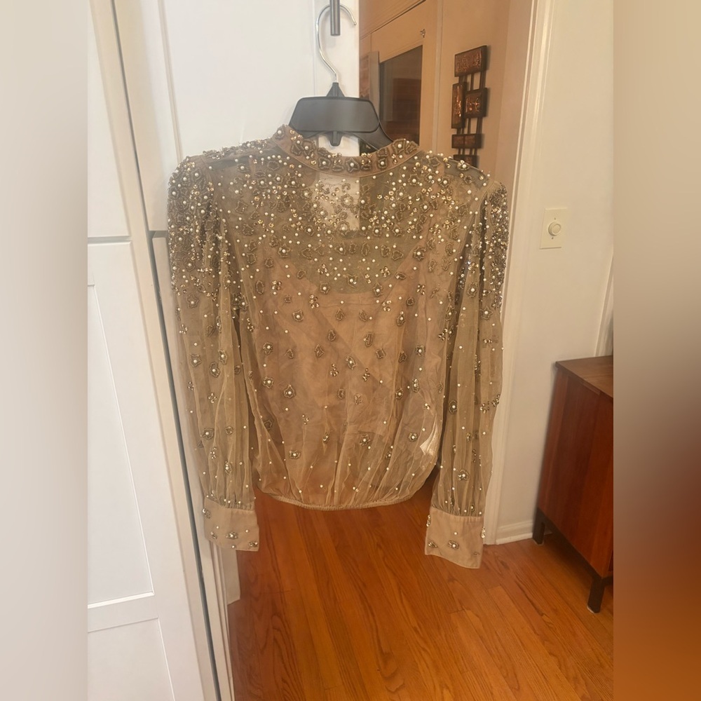 Farm Rio embellished tulle long sleeve blouse in caramel tan beaded - Picture 3 of 8